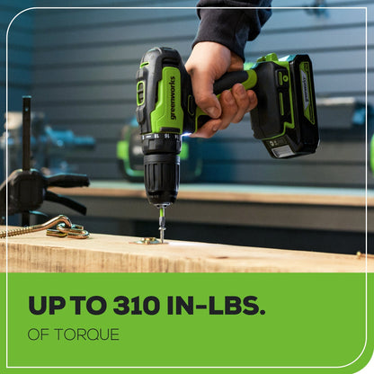 24V Brushless 1/2" 310 in/lbs Drill Kit: (2) 2Ah Batteries and Charger, 8-piece Bit Set and Tool Bag Included