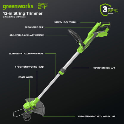 24V 12" Cordless Battery String Trimmer/Edger and 320CFM Leaf Blower Combo Kit w/ 2.0Ah Battery and Charger