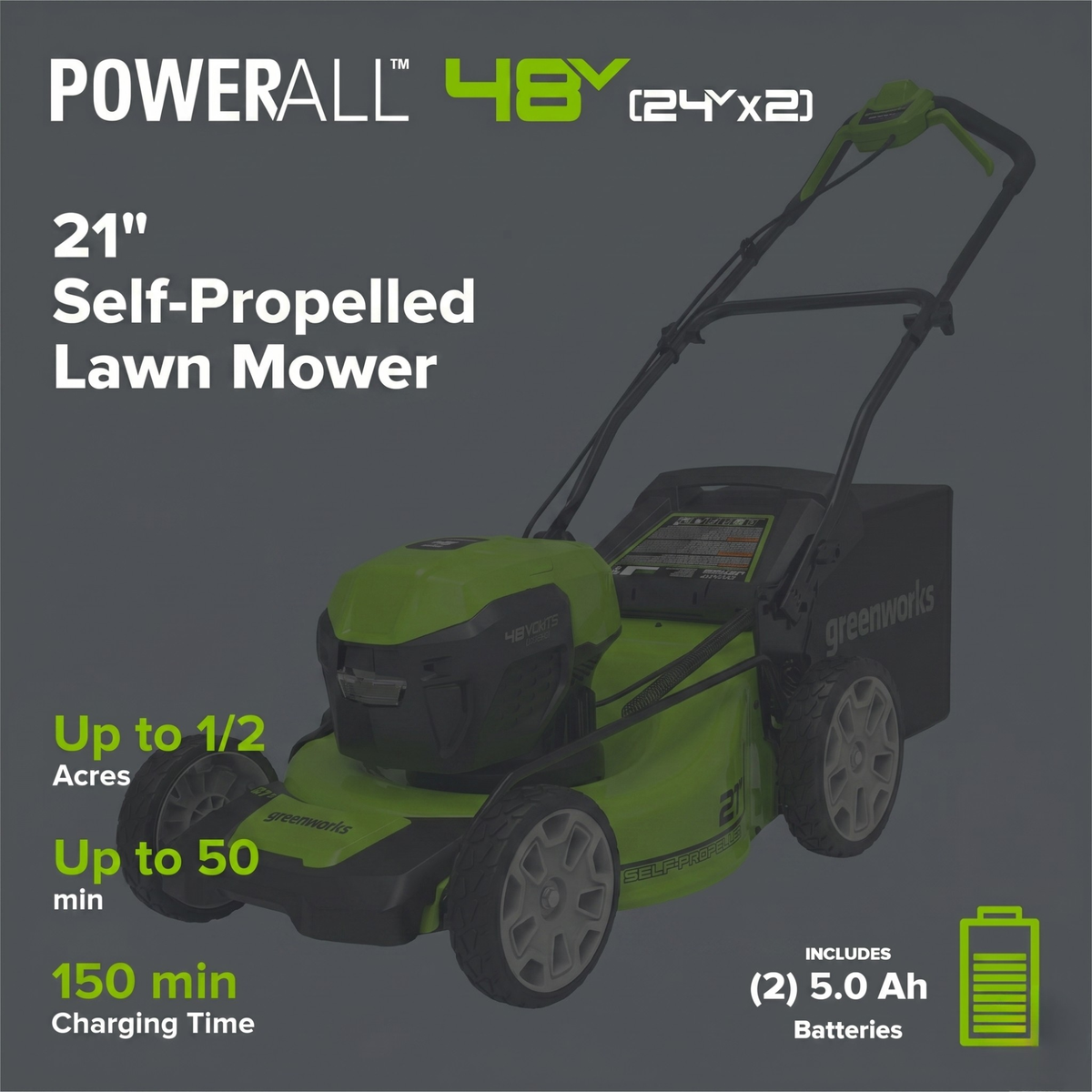 48V (24V x 2) 21" Cordless Battery Self-Propelled Mower 3PC Combo Kit: (2) 5.0Ah Batteries,(1) 2.0 Ah Battery,(1) Dual-Port Rapid Charger and (1) 2A Charger