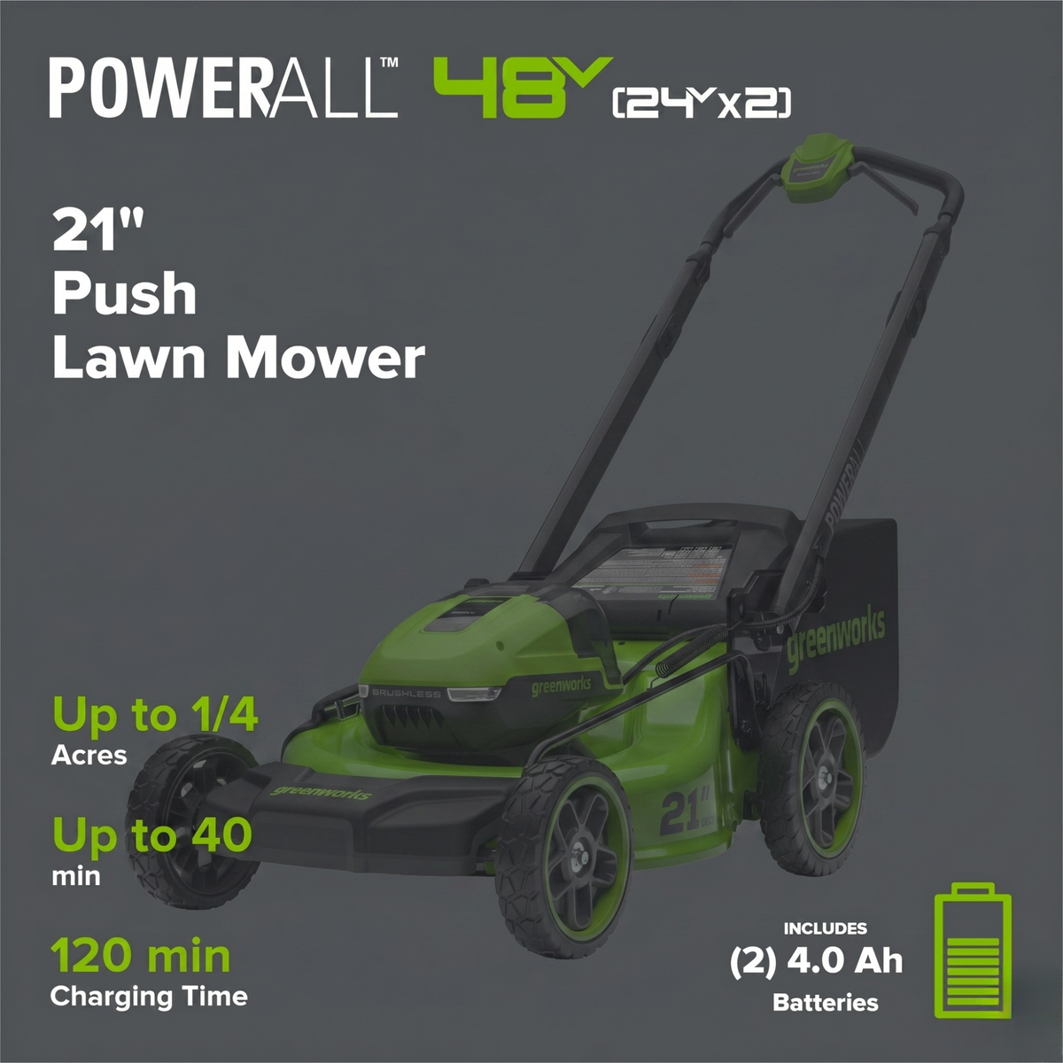 48V (24V x 2) 21" Cordless Battery Push Mower 3PC Combo Kit w/ (4) 4.0Ah High Power Batteries & (2) Dual Port Chargers