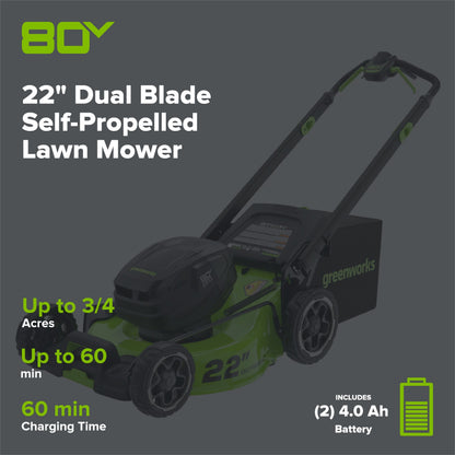 OPEN BOX 80V 22" Cordless Battery Dual Blade Self-Propelled Lawn Mower: (2) 4.0 Ah Batteries and Rapid Charger, LM2208S