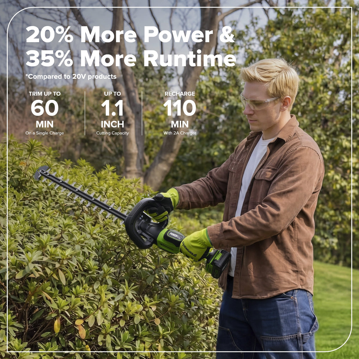 24V 22" Brushless (1.1" Cutting Capacity) Hedge Trimmer: 2.0Ah Battery and 30W Charger
