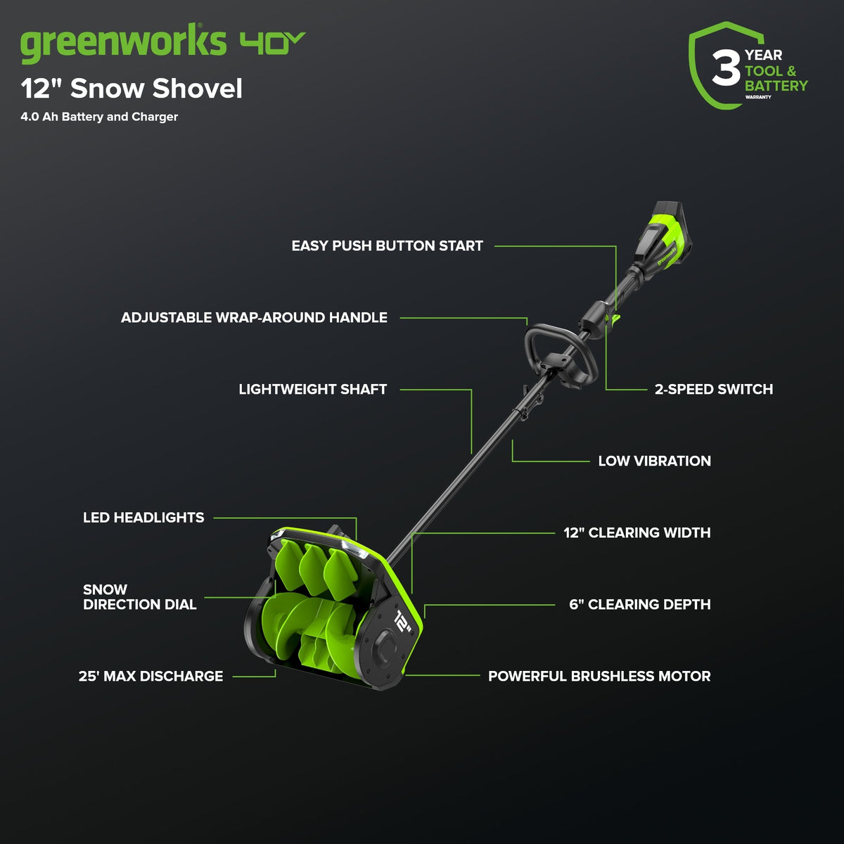 40V 12" Cordless Battery LED Snow Shovel, Directional Vanes: 4.0 Ah Battery and Charger