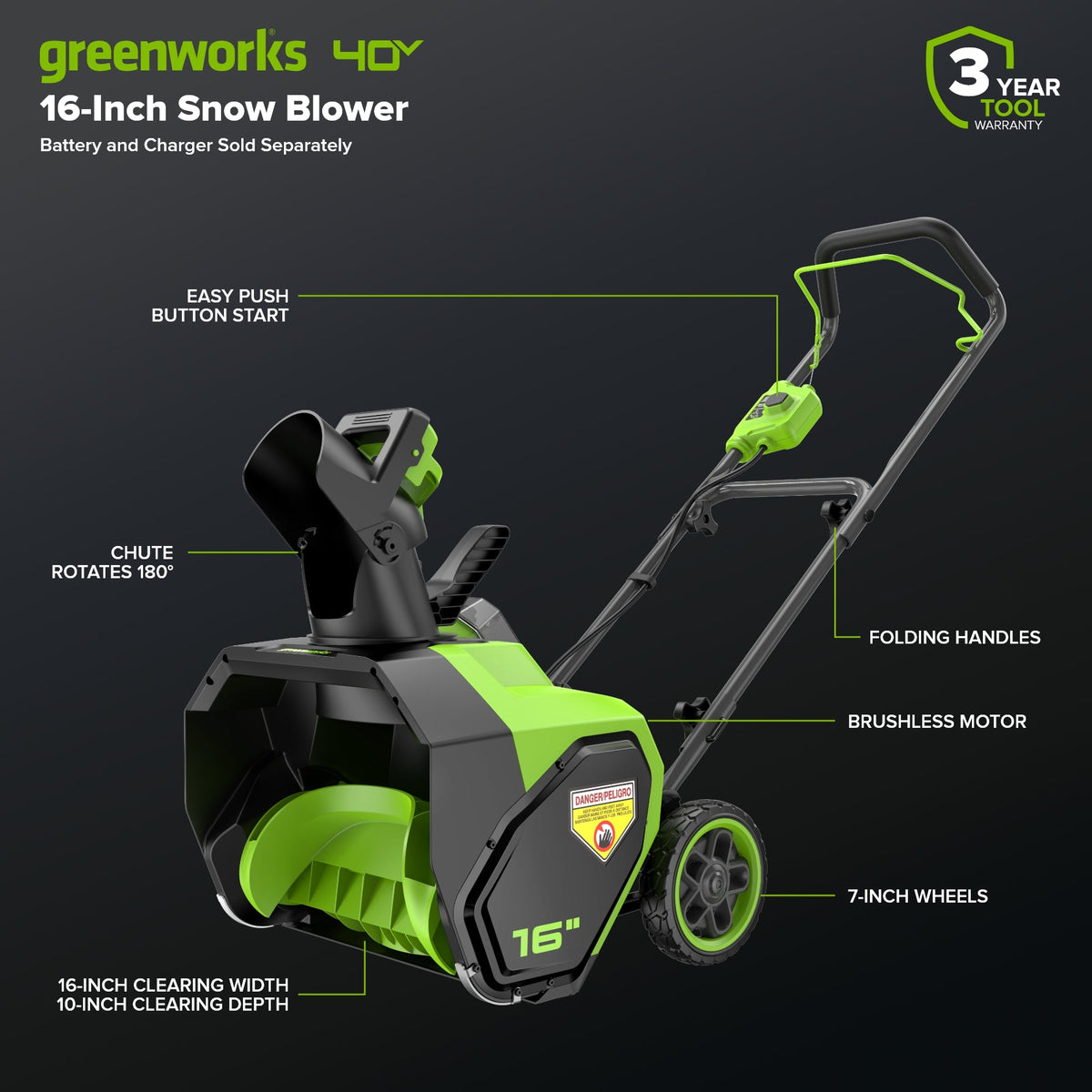 40V 16" Cordless Battery Snow Blower(Tool Only)