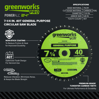 Pro 40-Tooth 7-1/4" General Purpose Circular Saw Blade with Construction-Grade Carbide Teeth