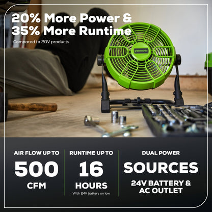 24V Cordless Fan: 2.0 Ah USB Battery, 0.5A Charger and AC Adapter