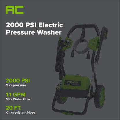 2000 PSI 1.1 GPM Cold Water Electric Pressure Washer (Black Frame)