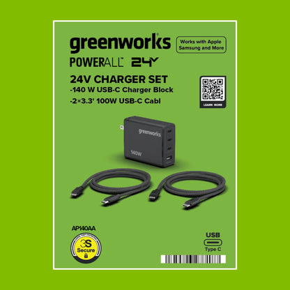 24V PowerAll Charger Set with 140W USB-C Charger Block and (2) 3.3' 100W USB-C Cables