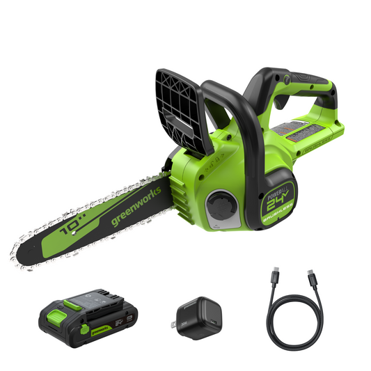 24V 10" Cordless Battery Chainsaw w/ 2.0Ah  Battery & 30W Type-C Charger(3-Ft Cable)