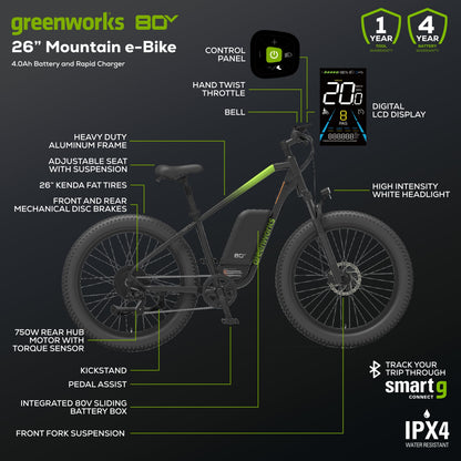 80V VENTURE Series 26" Fat Tire Electric Mountain Bike, 4Ah Battery and Charger