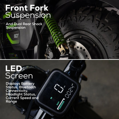 60V STEALTH Series Electric Mini-Bike: (2) 8.0 Ah Batteries and Dual-Port Rapid Charger