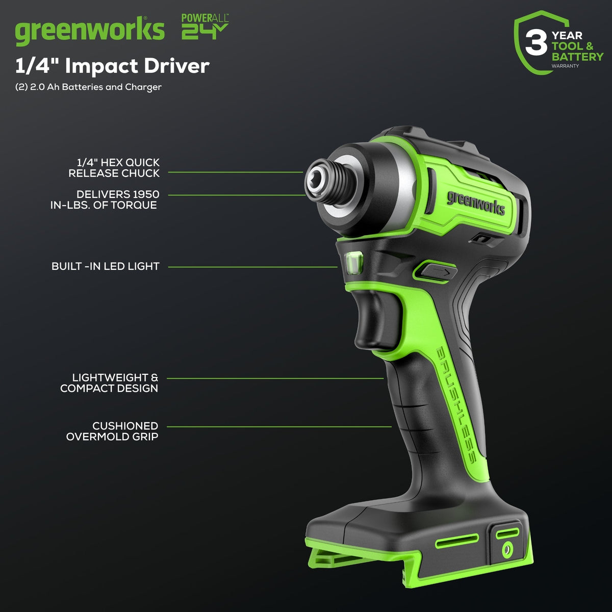 24V 1/4" 1950 in/lbs Brushless Impact Driver Kit (8-piece Bit Set and Tool Bag Included): (2) 2Ah Batteries and Charger