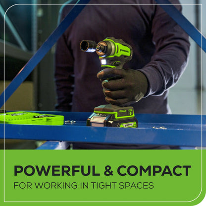 24V 1/4" 1950 in/lbs Brushless Impact Driver Kit (8-piece Bit Set and Tool Bag Included): (2) 2Ah Batteries and Charger