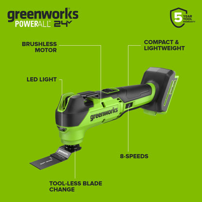 24V PowerAll Brushless 3.2° Oscillating Multi-Tool with 3 Blades & 30-Piece Sanding Set (Tool Only)