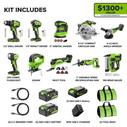 24V Cordless 400 in-lbs Drill/Driver Power Tool 10PC Combo Kit w/ (2) 4.0 Ah and (1) 2.0 Ah USB-C Batteries and Charger