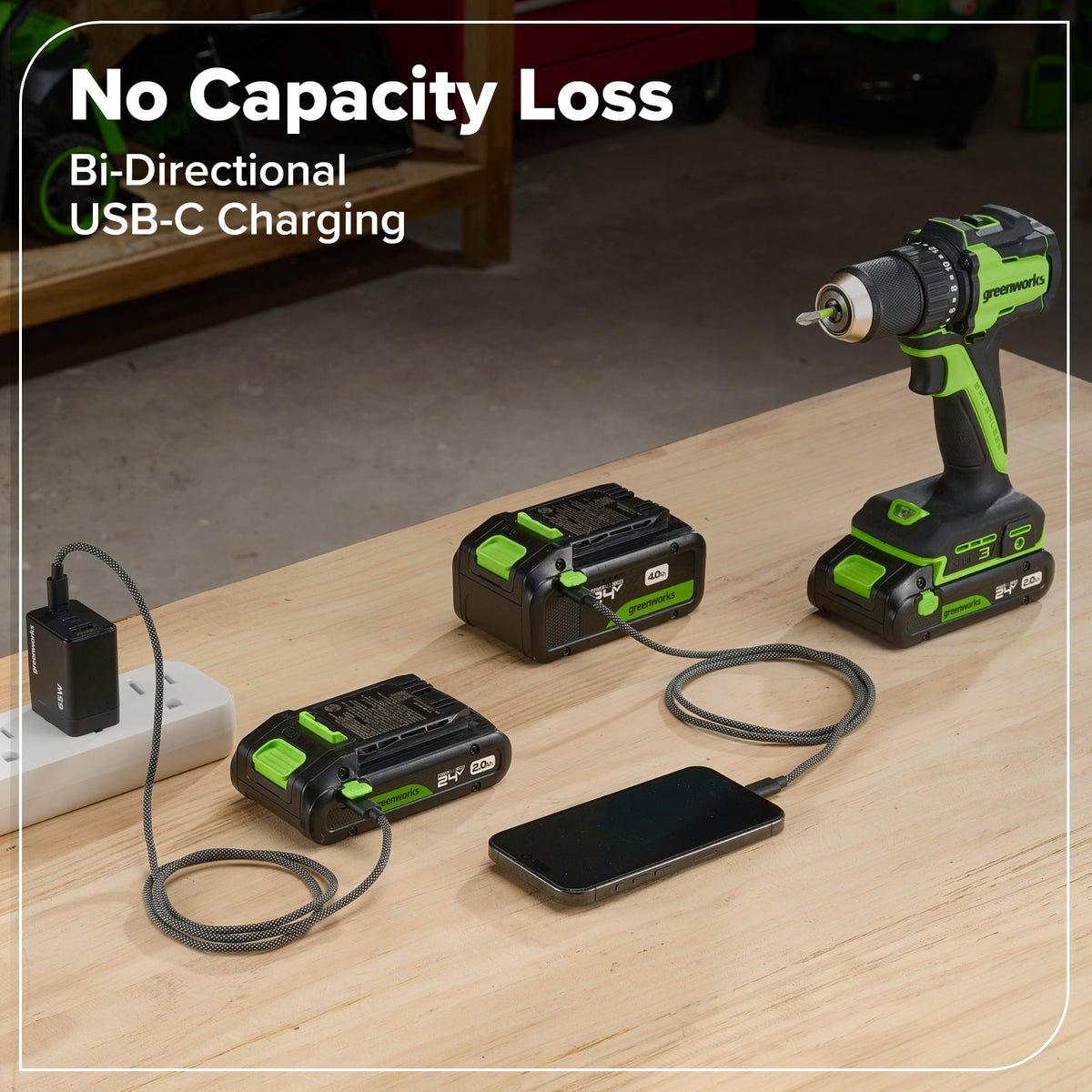 24V Cordless 400 in-lbs Drill/Driver Power Tool 10PC Combo Kit w/ (2) 4.0 Ah and (1) 2.0 Ah USB-C Batteries and Charger
