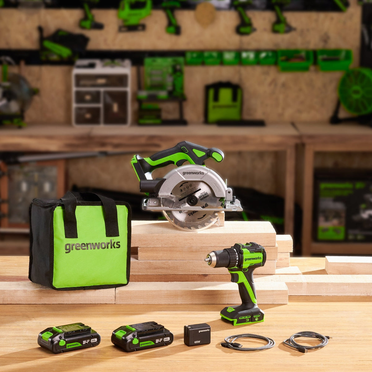 24V Brushless 1/2" 400 in/lbs Drill / Driver and 6.5" Circular Saw Combo Kit w/ (2) 2.0Ah USB-C Batteries and 65W USB-C Fast Charger