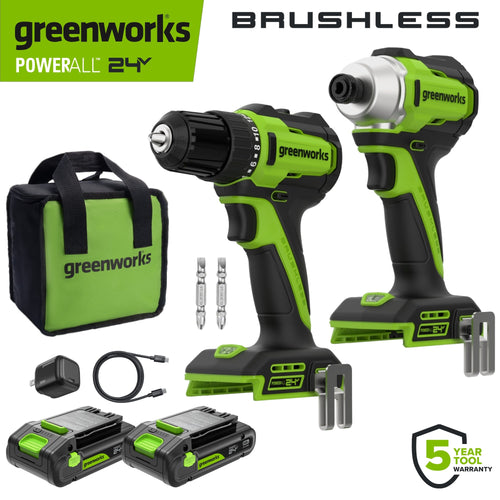 24V PowerAll 3/8" Drill and Impact Driver Combo Kit with (2) 2.0 Ah USB-C Batteries, 30W USB-C Charger Block, and 3' 100W USB-C Cable
