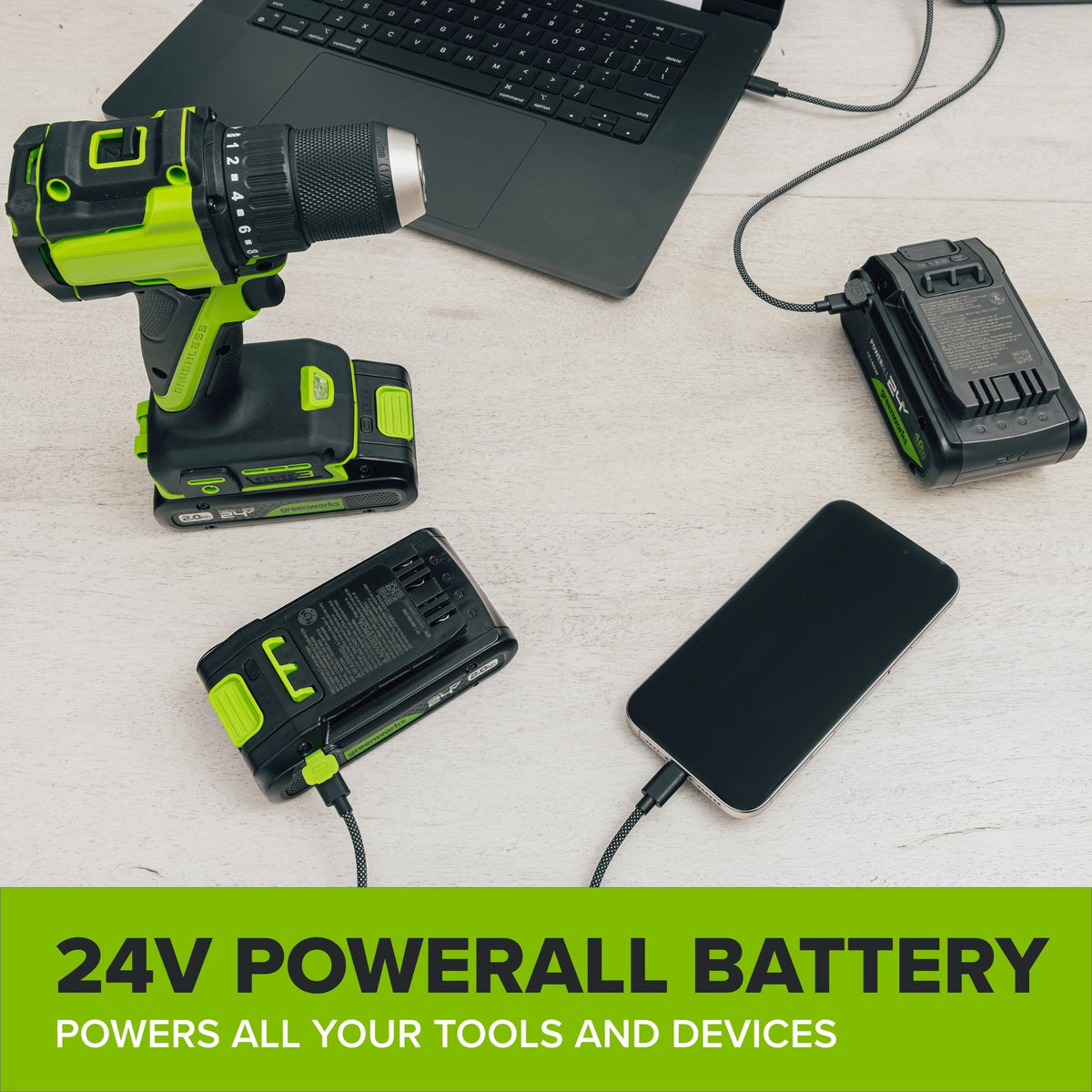 24V Cordless 280 in-lbs Drill/Driver Power Tool 8PC Combo Kit: (2) 2.0 Ah USB-C Batteries, 30W USB-C Charger Block, and 3' 100W USB-C Cable