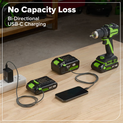 24V Cordless 400 in-lbs Drill/Driver Power Tool 6PC Combo Kit w/ (1) 4.0Ah & (1) 2.0Ah USB-C Batteries and Charger