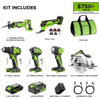 24V Cordless 400 in-lbs Drill/Driver Power Tool 6PC Combo Kit w/ (1) 4.0Ah & (1) 2.0Ah USB-C Batteries and Charger