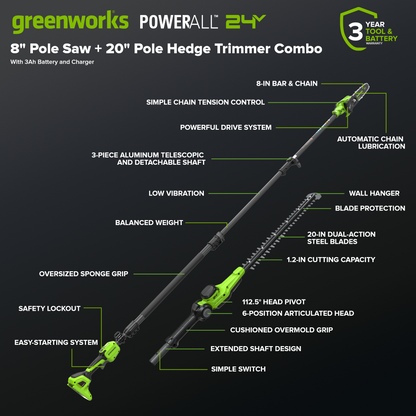 24V Brushless 8" Telescoping Pole Saw & 20" Pole Hedge Combo Kit: (1) 3.0 Ah Type-C Battery & 65W Charger with 3.3-Ft. Cable