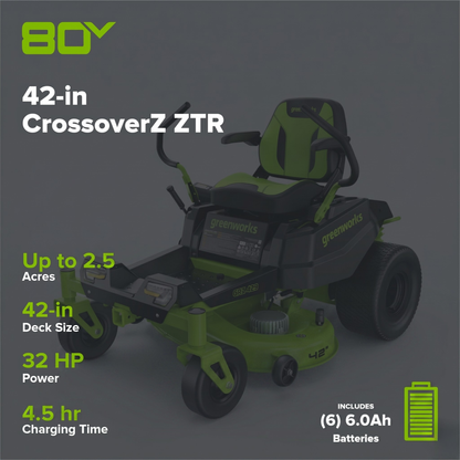 80V 42" Cordless Battery CrossoverZ Zero Turn Lawn Mower, (6) 6Ah Batteries and 600W Wall Charger, CRZ4282