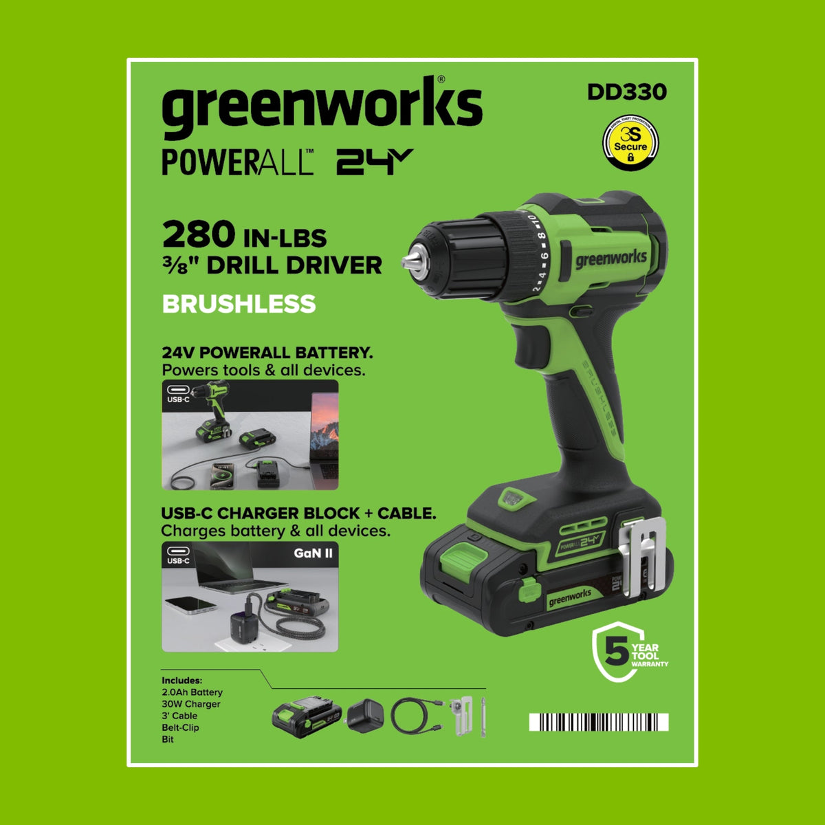 24V Cordless 280 in-lbs Drill/Driver Power Tool 3PC Combo Kit w/ 6-1/2" Circular Saw & 1-1/4" Reciprocating Saw : (2) 2.0Ah USB-C Battery, (2) 30W USB-C Charger, (2) 3' 100W USB-C Cable