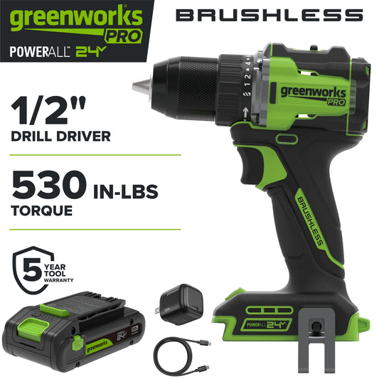 24V PowerAll Pro 1/2" 530 in-lb Drill Driver, with 2.0 Ah USB-C Battery, 30W USB-C Charger Block, 3' 100W USB-C Cable
