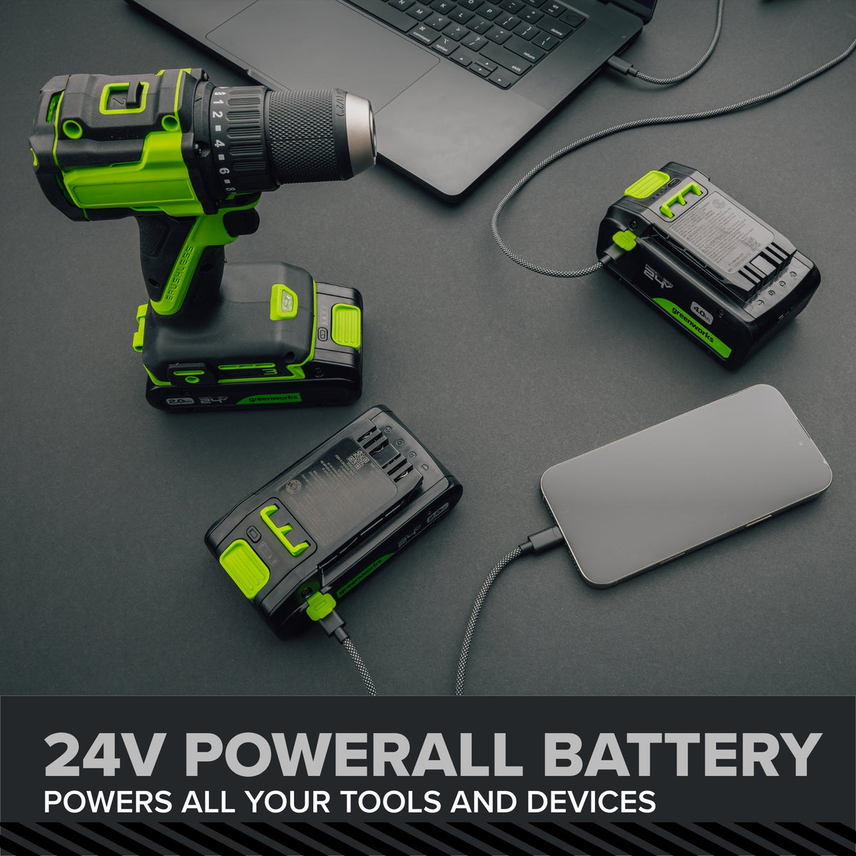 24V PowerAll Pro 1,350 in-lb 1/2" Hammer Drill, with 2.0 Ah USB-C Battery, 65W Charger, Belt Clip, and Auxiliary Handle