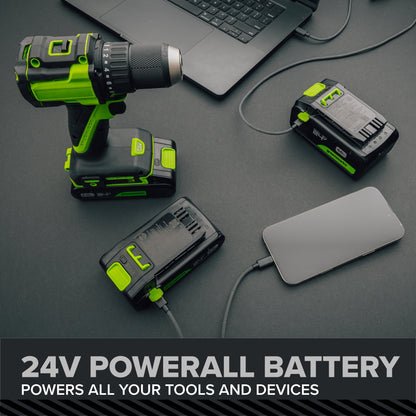 24V PowerAll Pro 1,350 in-lb 1/2" Hammer Drill, with 2.0 Ah USB-C Battery, 65W Charger, Belt Clip, and Auxiliary Handle
