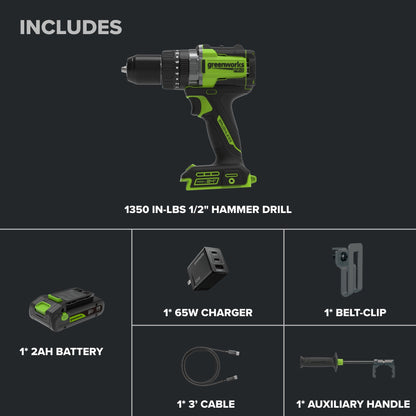 24V PowerAll Pro 1,350 in-lb 1/2" Hammer Drill, with 2.0 Ah USB-C Battery, 65W Charger, Belt Clip, and Auxiliary Handle