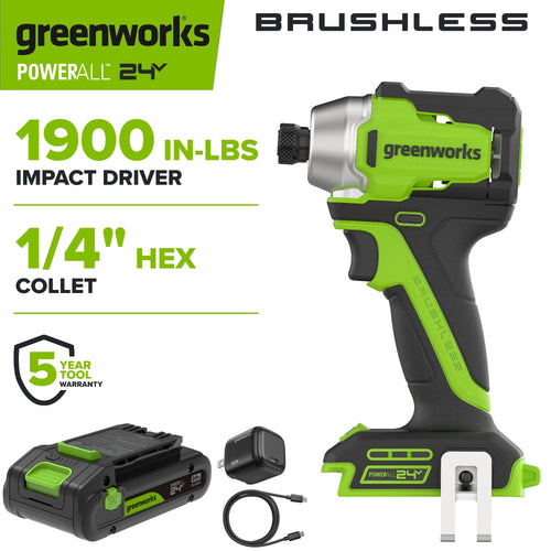 24V PowerAll 1,900 In-Lb Impact Driver, with 2.0 Ah USB-C Battery, 30W USB-C Charger Block, 3' 100W USB-C Cable, Belt Clip