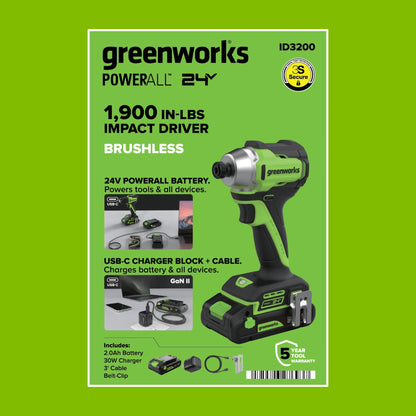 24V PowerAll 1,900 In-Lb Impact Driver, with 2.0 Ah USB-C Battery, 30W USB-C Charger Block, 3' 100W USB-C Cable, Belt Clip