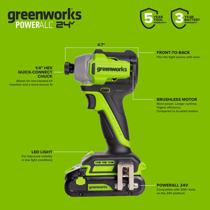24V PowerAll 1,900 In-Lb Impact Driver, with 2.0 Ah USB-C Battery, 30W USB-C Charger Block, 3' 100W USB-C Cable, Belt Clip