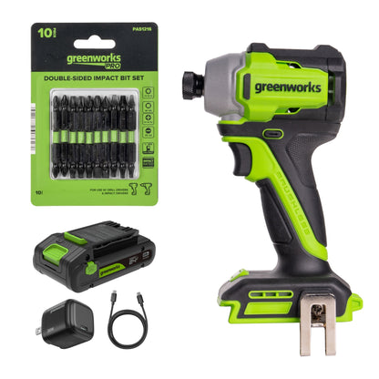 24V PowerAll 1/4" 1900 in-lbs Brushless Impact Driver Kit: (1) 2.0 Ah USB-C Battery, (1) 30W USB-C Charger Block, (1) 3' 100W USB-C Cable, (1) Belt Clip, (1) Pro 10PC Dual Sided Impact Bit Sets