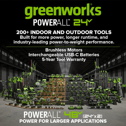 24V PowerAll 1/4" 1900 in-lbs Brushless Impact Driver Kit: (1) 2.0 Ah USB-C Battery, (1) 30W USB-C Charger Block, (1) 3' 100W USB-C Cable, (1) Belt Clip, (1) Pro 10PC Dual Sided Impact Bit Sets