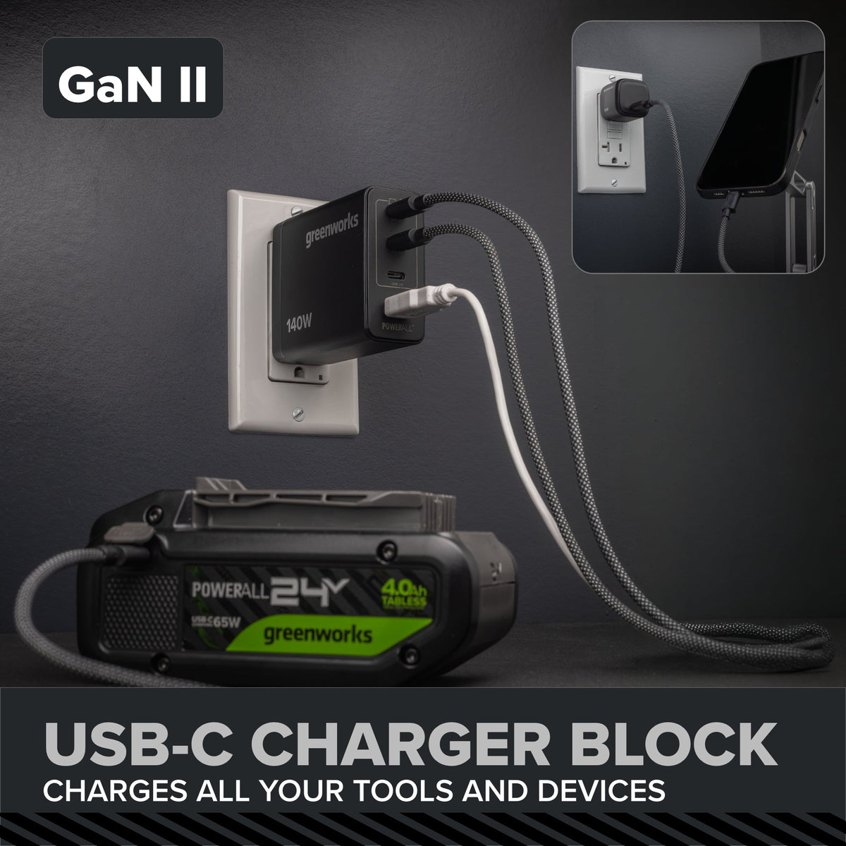 24V PowerAll Pro 2,200 In-Lb Impact Driver, with 2.0 Ah USB-C Battery, 65W USB-C Charger Block, 3' 100W USB-C Cable, Belt Clip and 10-PCS Bit Set