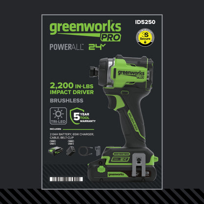 24V PowerAll Pro 2,200 In-Lb Impact Driver, with 2.0 Ah USB-C Battery, 65W USB-C Charger Block, 3' 100W USB-C Cable, Belt Clip