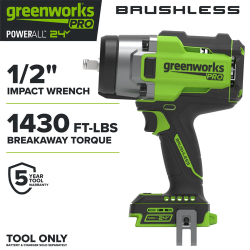 24V PowerAll Pro 1,430 ft-lb Breakaway Torque 1/2" Impact Wrench, Tool Only