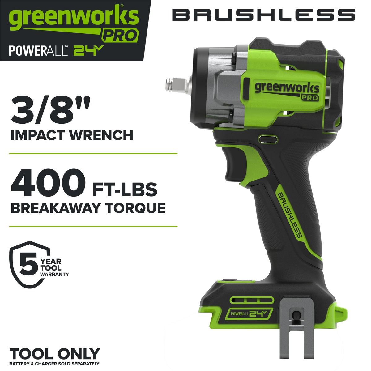 24V PowerAll Pro 400 ft-lb Breakaway Torque 3/8" Impact Wrench, Tool Only