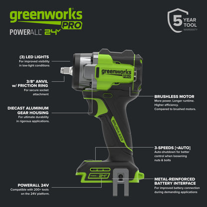 24V PowerAll Pro 400 ft-lb Breakaway Torque 3/8" Impact Wrench, Tool Only