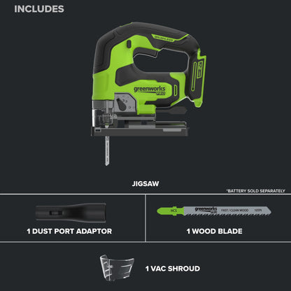 24V PowerAll Pro Jigsaw with Dust Port Adapter, Blade, and VAC Shroud
