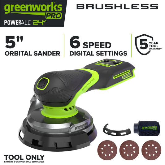 24V PowerAll Pro 5" Orbital Sander, Tool Only, with Dust Bag, Edge Guard, and (3) Pieces of 80 Grit Sanding Paper