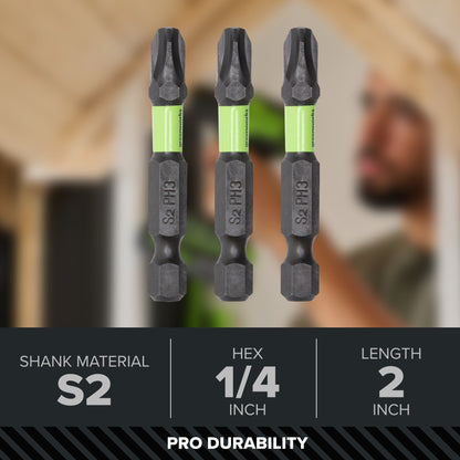 Pro 3-PC S2 2” Impact Rated Bits Phillips PH3