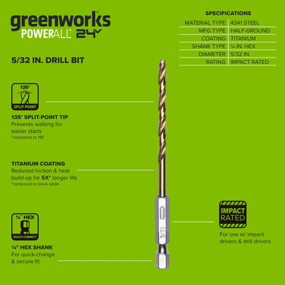 Half Ground 5/32-inch Hex Shank Titanium Drill Bit Set