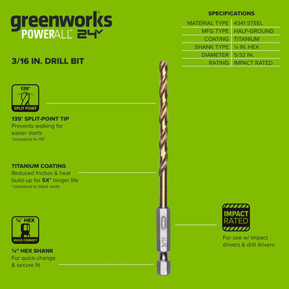 Half Ground 3/16-inch Hex Shank Titanium Drill Bit Set