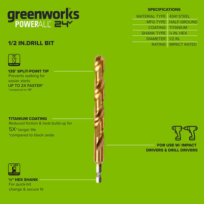 Half Ground 1/2-inch Hex Shank Titanium Drill Bit Set