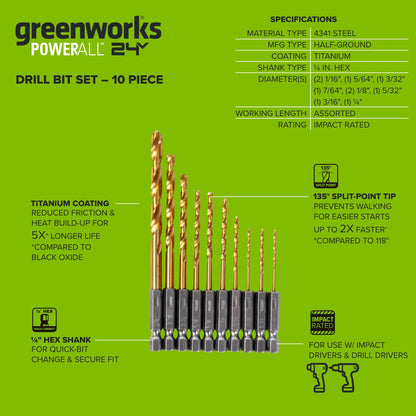 24V PowerAll Pro 1/2" 530 in-lb Drill Driver, with 2.0Ah USB-C Battery, 30W Charger Block, 3' 100W Cable and 10-PCS Drill Bit Set