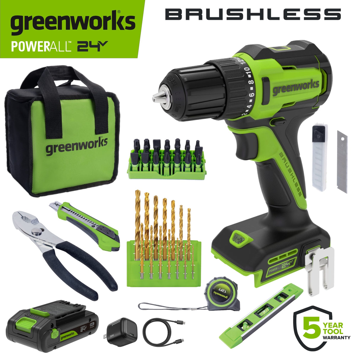 24V PowerAll 3/8" 280 in-lb Drill and 60 Piece Hand Tool/Accessories Project Kit, with 2.0 Ah USB-C Battery, 30W USB-C Charger Block, Carrying Bag